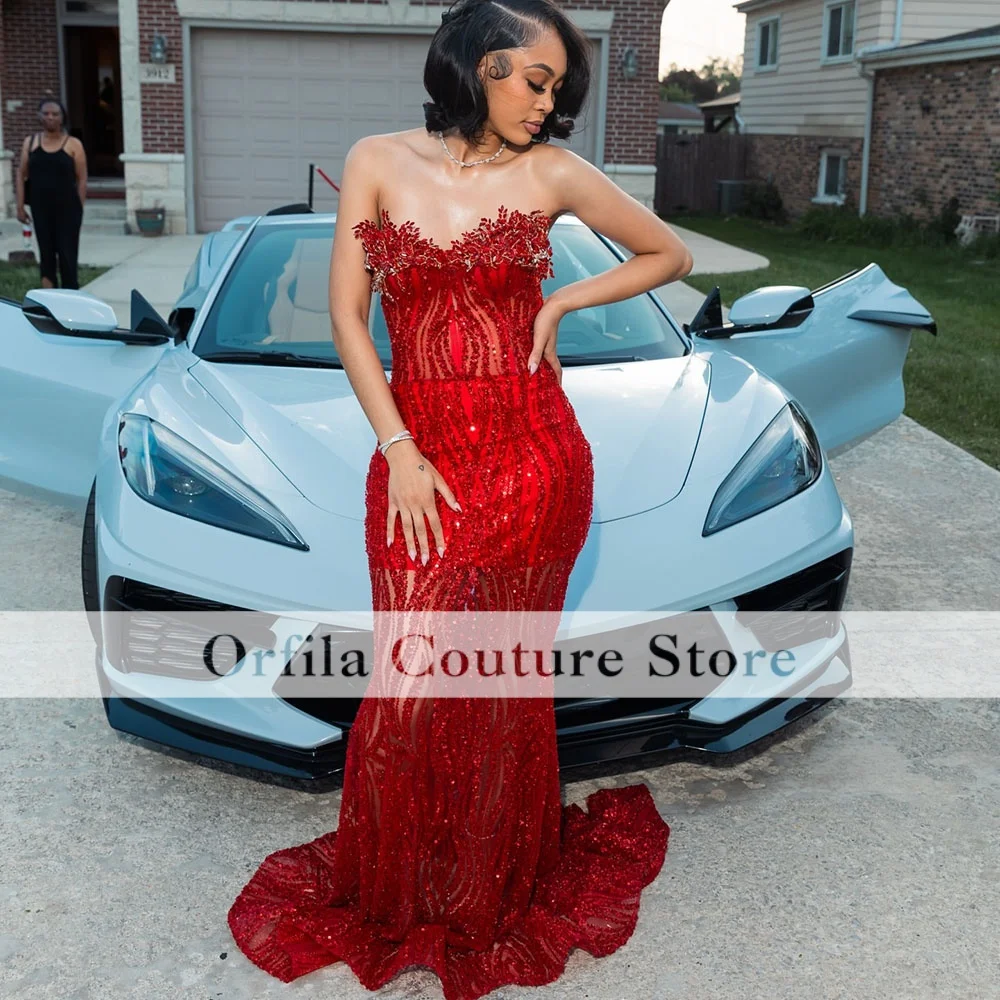 Glitter Dance Red Prom Dresses 2026 Luxury Strapless Crystal Mermaid Party Dress Tassel Black Girls Evening Gowns Customized