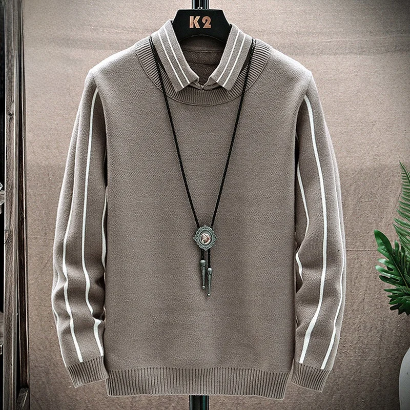 

Мужской вязаный свитер в полоску, модный, с эффектом двухслойности, зимний, повседневный, утепленный, с длинным рукавом