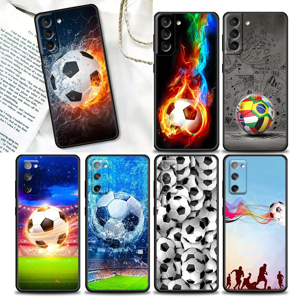 Fire Football Soccer Ball Phone Case For Samsung Galaxy S24 Ultra S23 5G S20 S21 23 FE S10 S9 S22 S24 Plus Case Black Soft Cover