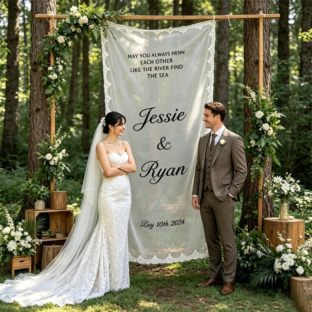 Custom Lace Wedding Welcome Sign Party Banner | Wedding Chiffon Ceremony Sign | Weddings, Bridal Showers, Anniversaries