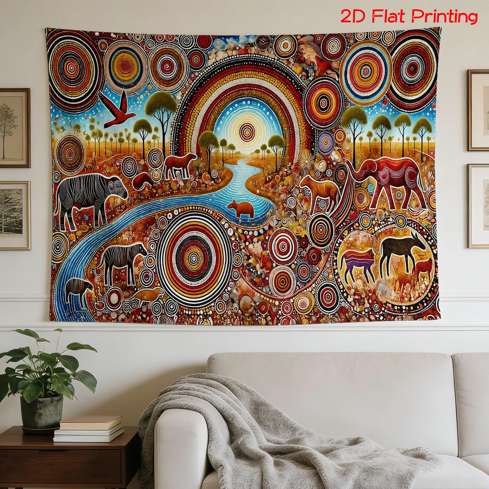 Aboriginal Style Tapestry, Colorful Elephant River Wall Hanging, Boho Psychedelic Dorm Decor Ethnic Totem Animal Art for Bedroom