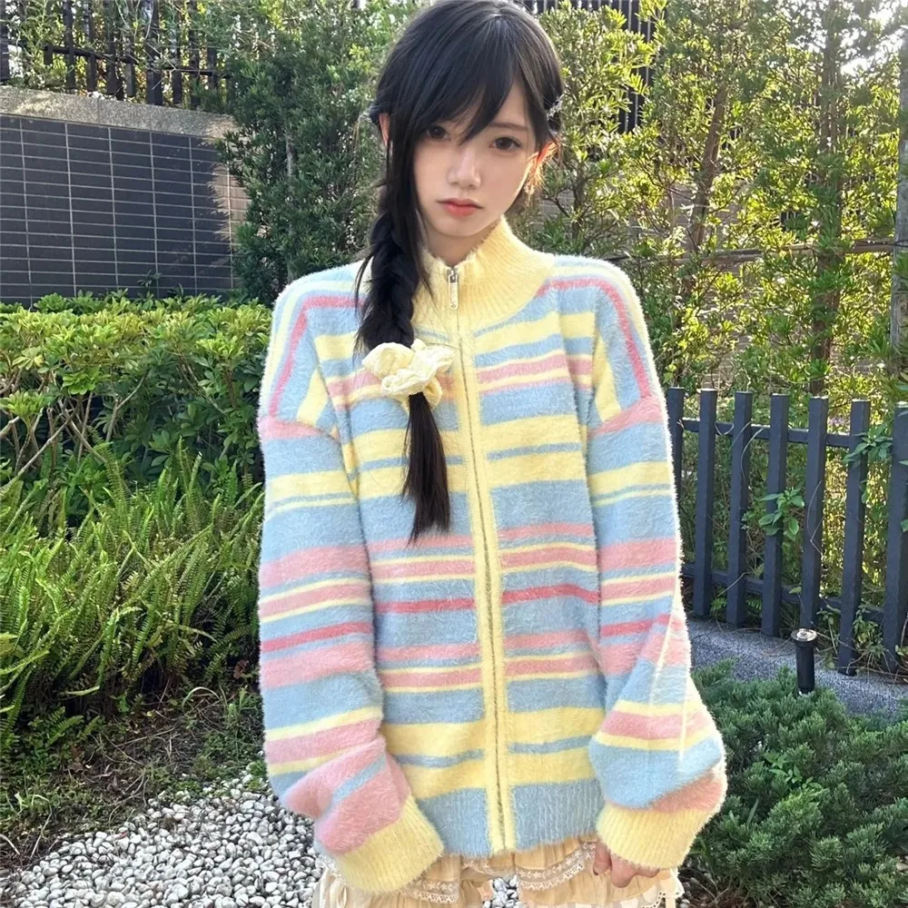 Rainbow Cartoon Spring Korean Y2k Cardigan Women Kawaii Knitted Sweater Students Loose Harajuku Chic Aesthetic Casual Knit Coats