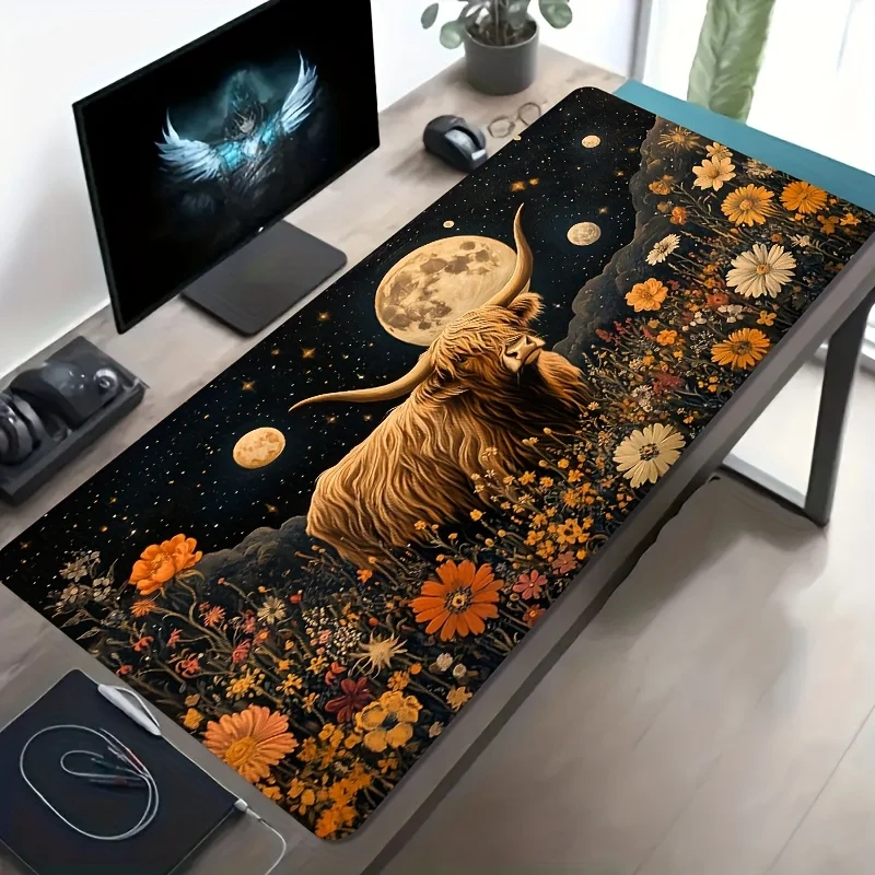 Generic Large Gaming Desk Mat Metal Decor Highland Flower Moon Print Non Slip Washable Rubber Base Oversized Office Computer Mou