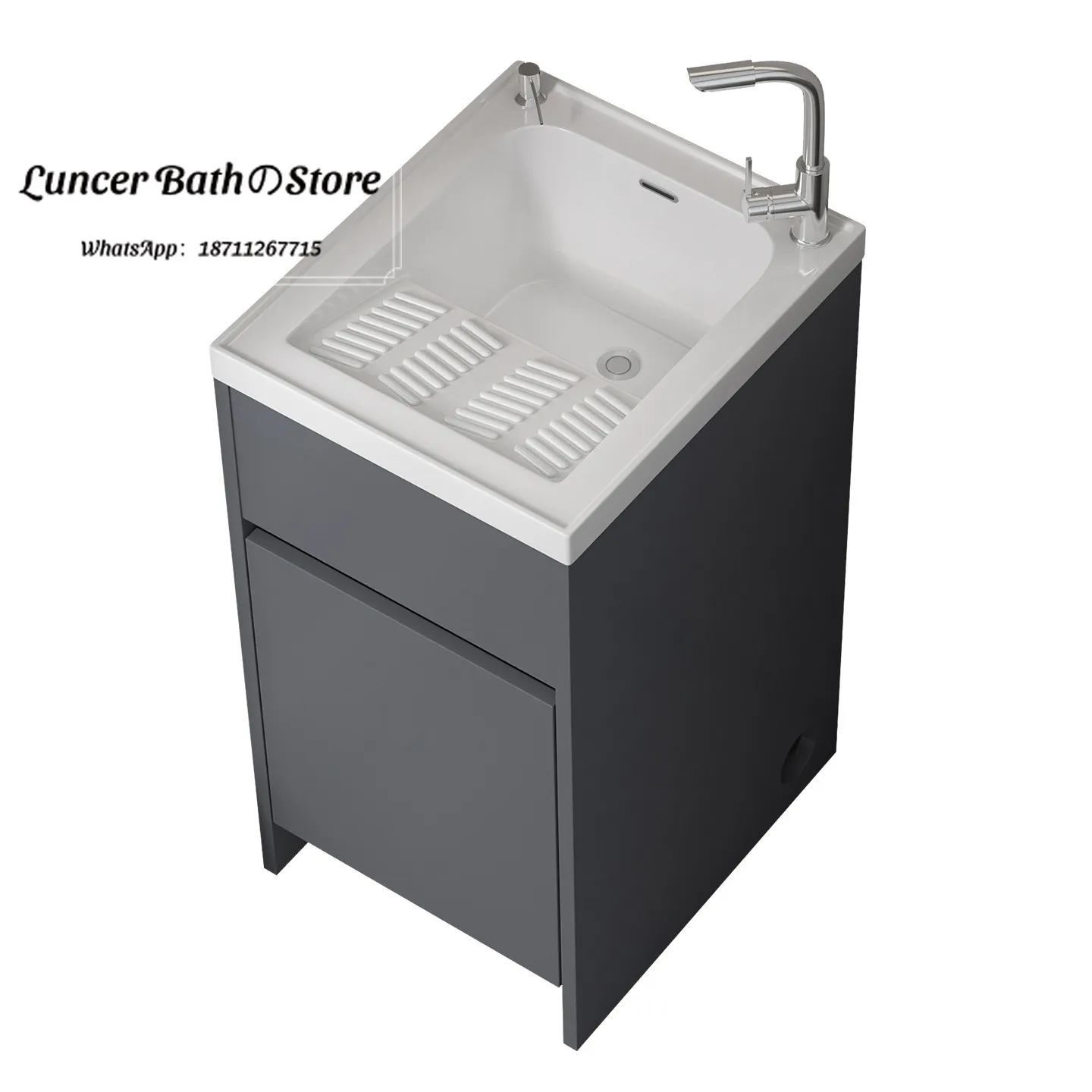 Cellular aluminum laundry cabinet, integrated laundry counter, floor-standing sink on the balcony