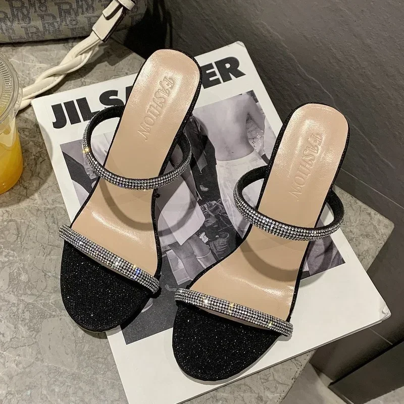 Sandalias de tacón alto con diamantes de imitación para mujer, zapatillas sexys de diseñador de lujo, sandalias de playa callejera, moda de verano, nuevas