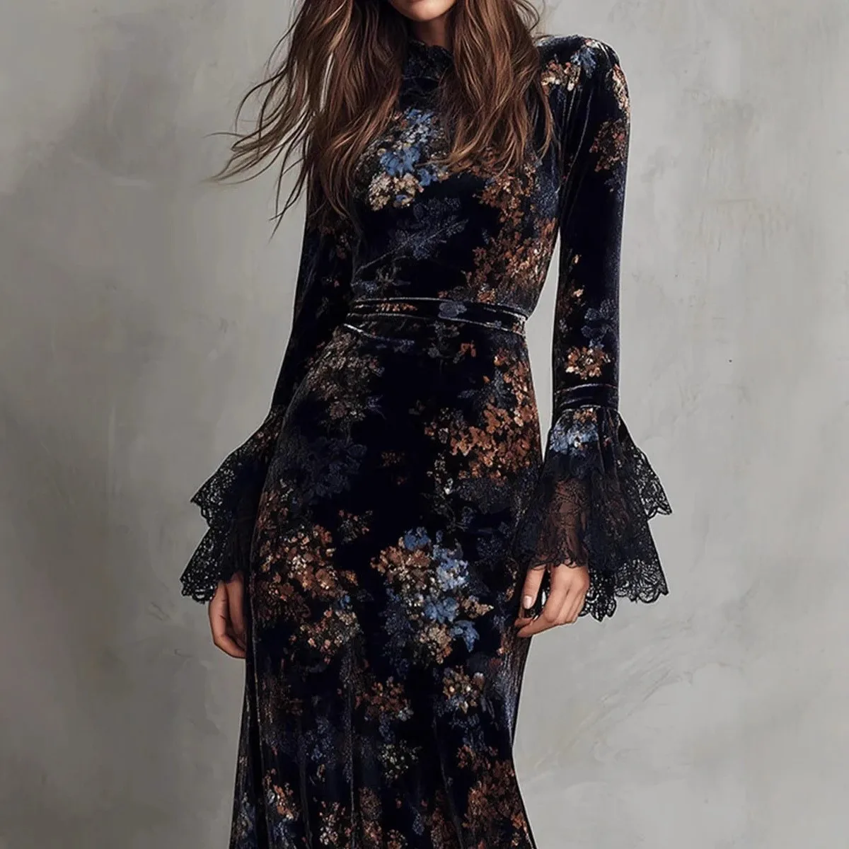 Printed Gown Long Sleeve Irregular Hem Individual Streetwear with a Line Pleated Dress Turtleneck Mid Length Autumn for Women