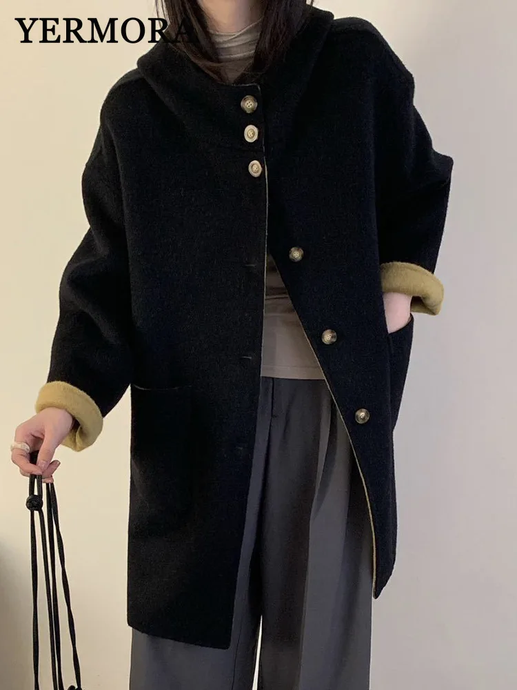 

YERMORA черная пуговица, большой размер, повседневная шерстяная куртка для женщин, свободное новое пальто с капюшоном и длинными рукавами, модное пальто, осень-зима 2025