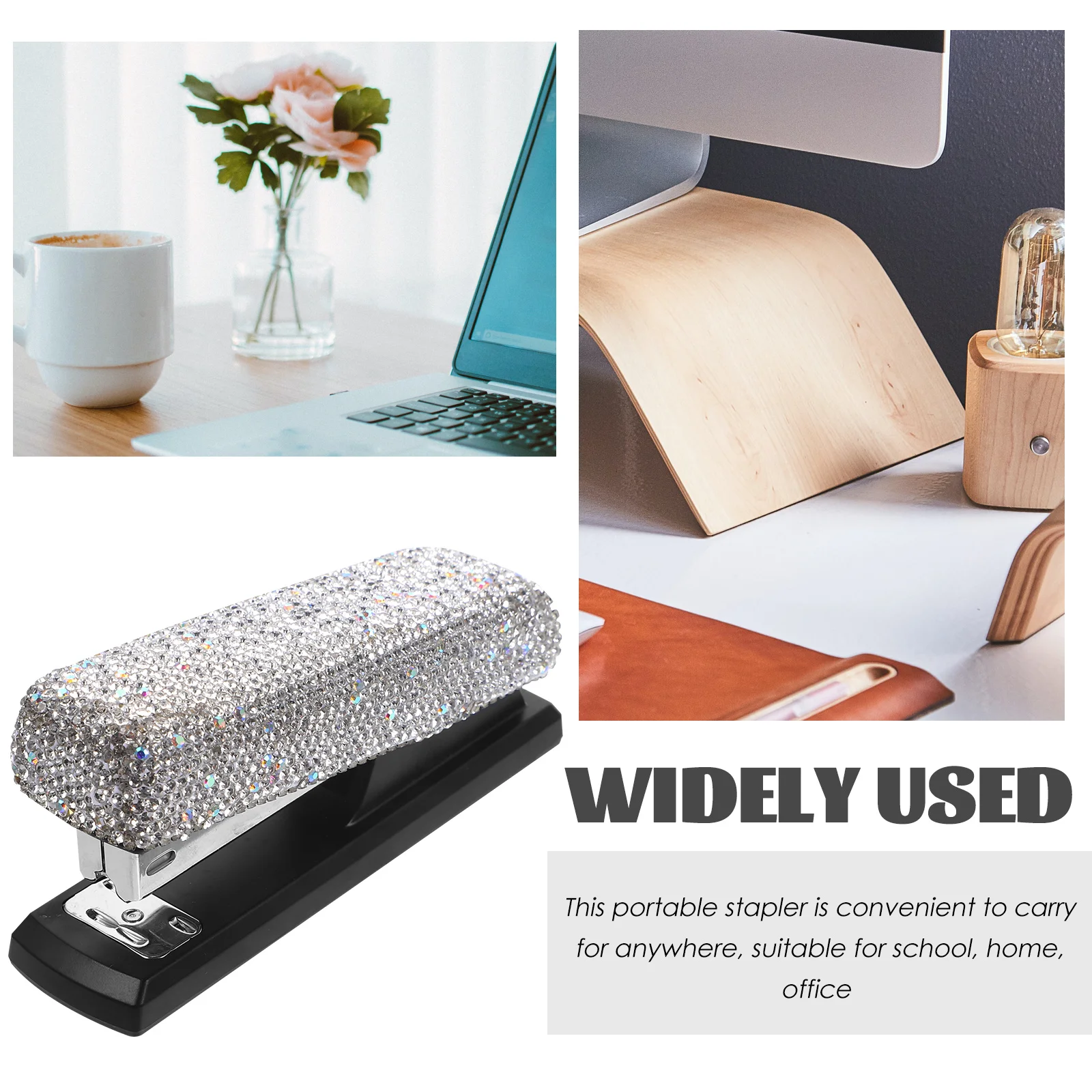 

1 set Rhinestone Stapler White Small Desk Paper Office School Creative Diamonds Heavy Duty Practical Portable