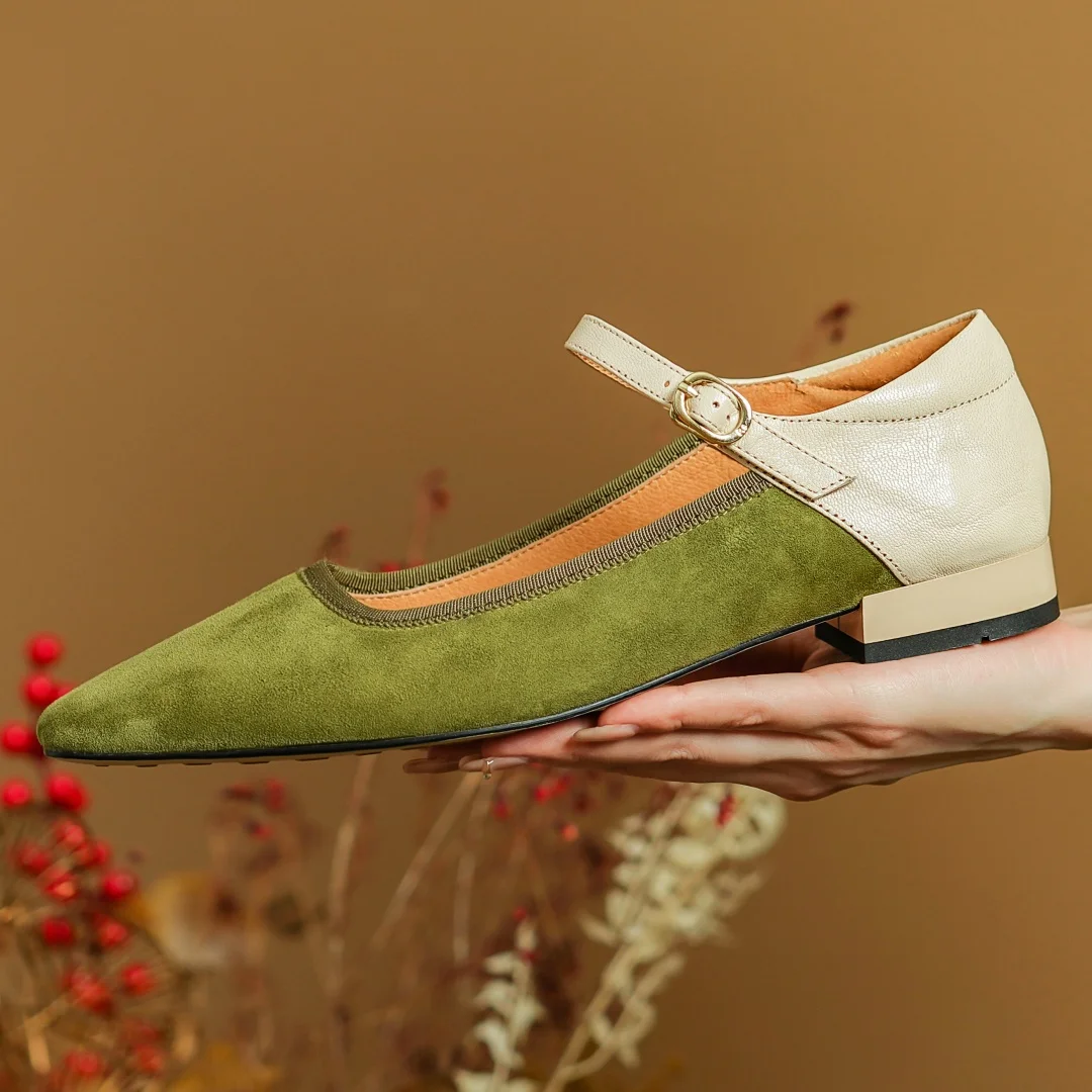 Women\'s natural suede leather mix color patchwork Mary Jane flats square toe casual female slim daily shoes 2024 spring new sale