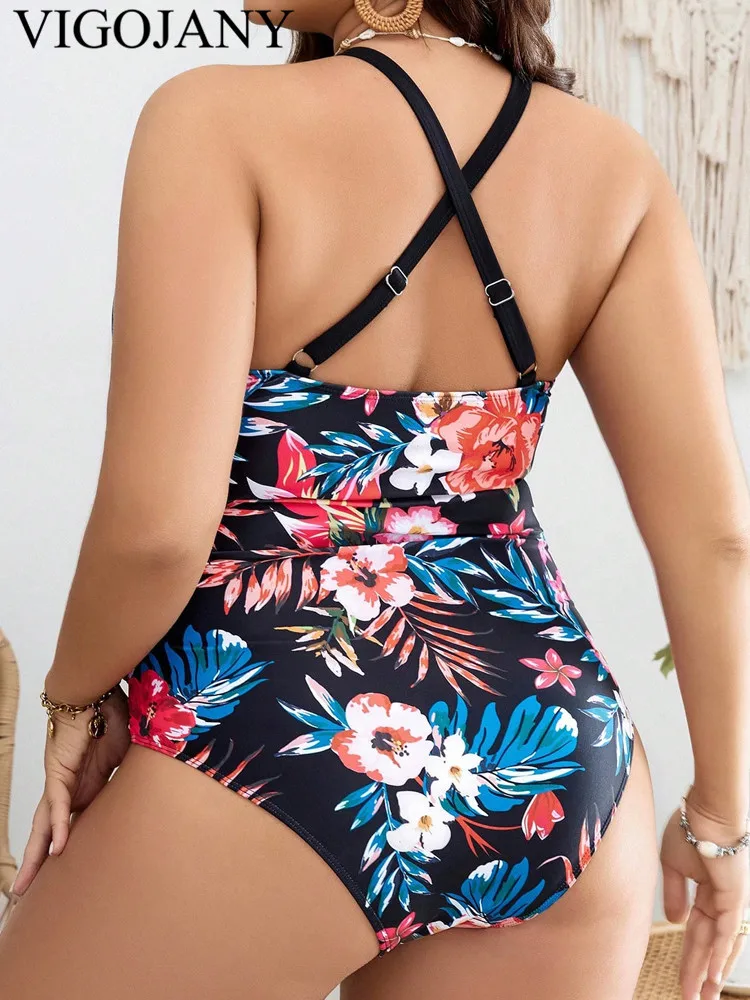 VigoJany 2024 Print Strapped Plus Size Swimwear Women Sexy Push Up Large One Piece Swimsuit Back Cross Chubby Big Bathing Suit