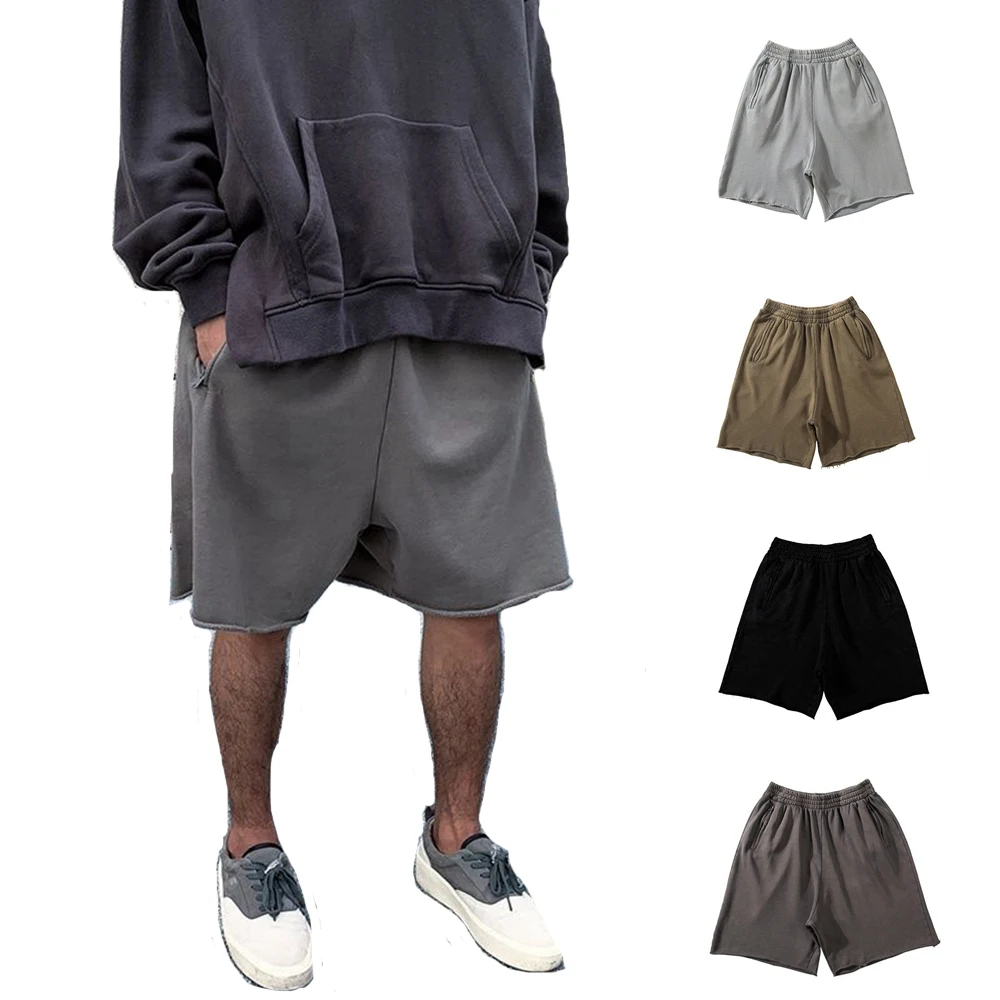 Shorts esportivos de algodão grosso solto masculino, streetwear casual masculino de hip-hop, treino corredor, Kanye Grey West, verão