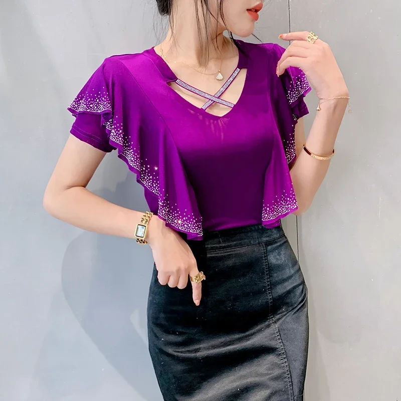 

Summer Women's T-Shirt Fashion Dance Costume V-Neck Hollow Out Hot Diamonds Female Ruffled Short Sleeved Mesh Tops Shirts ZT37