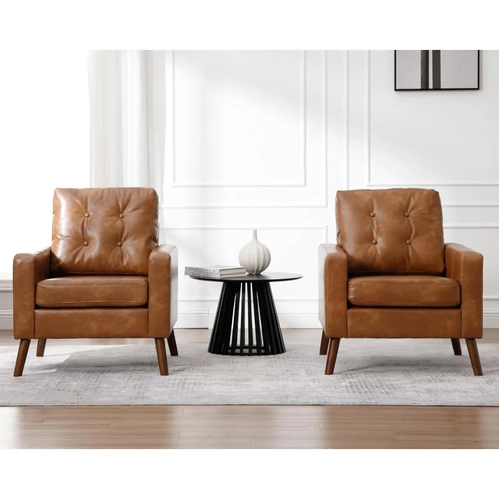 

Set of 2 Mid Century Modern Armchair, Button Tufted Faux Leather Accent Chair with Arm, Upholstered Club Chair for Living Room