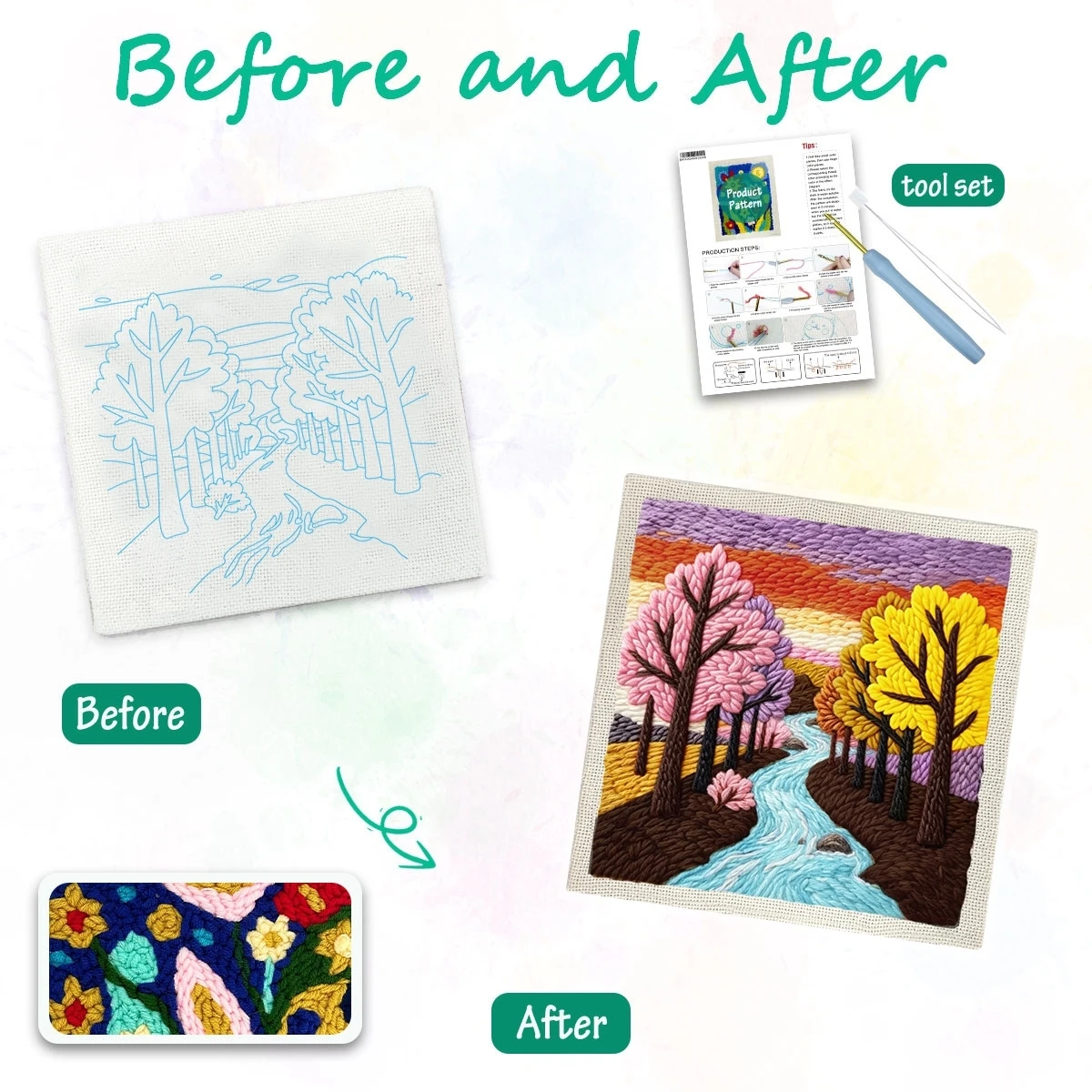 1 Set Herbst-Bach-Wald DIY-Stickerei-Set für Anfänger, Stick-Starter-Kit, Kreuzstich-Kunstgeschenk, Nadelarbeiten – Detail 1