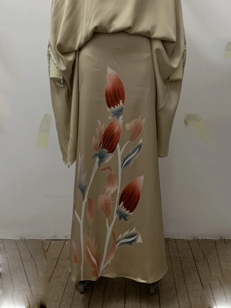 Elegant Skirt Suits 2024 New Women Two Piece Set Solid Color High Neck Tops & Vintage Floral Printed High Wiast Skirts