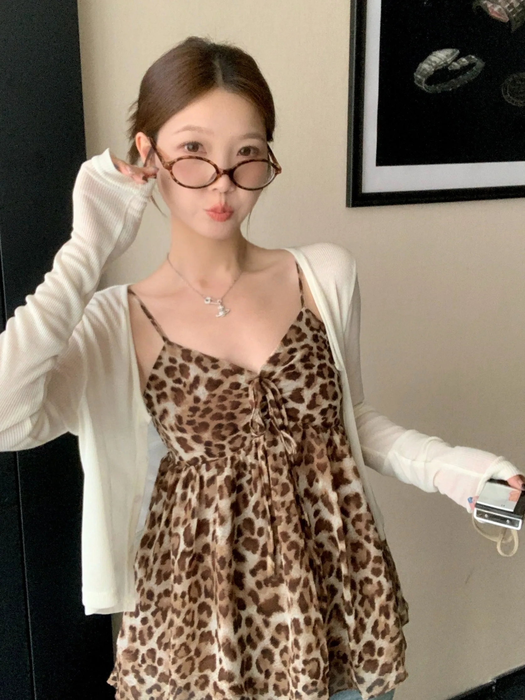 

plus Size Loose Summer Fashionable Pure Desire Hot Girl Fat MM Meat Conceal Slimming Leopard Print Strap Cardigan Set Women