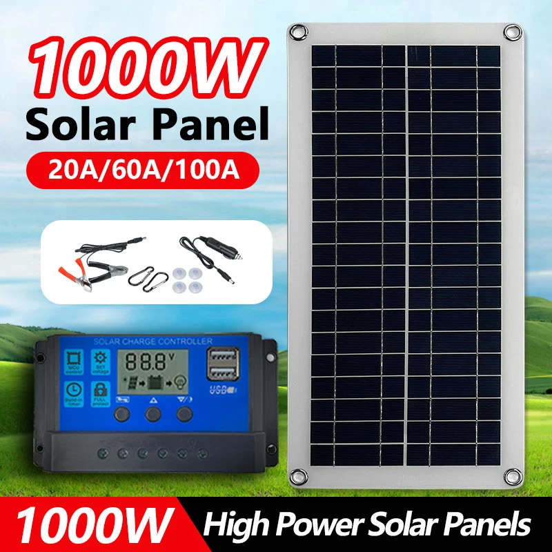 20-1000W Solar Panel 12V Solar Cell 10A-100A Controller Solar Plate Kit For Phone RV Car Caravan Home Camping Outdoor Battery