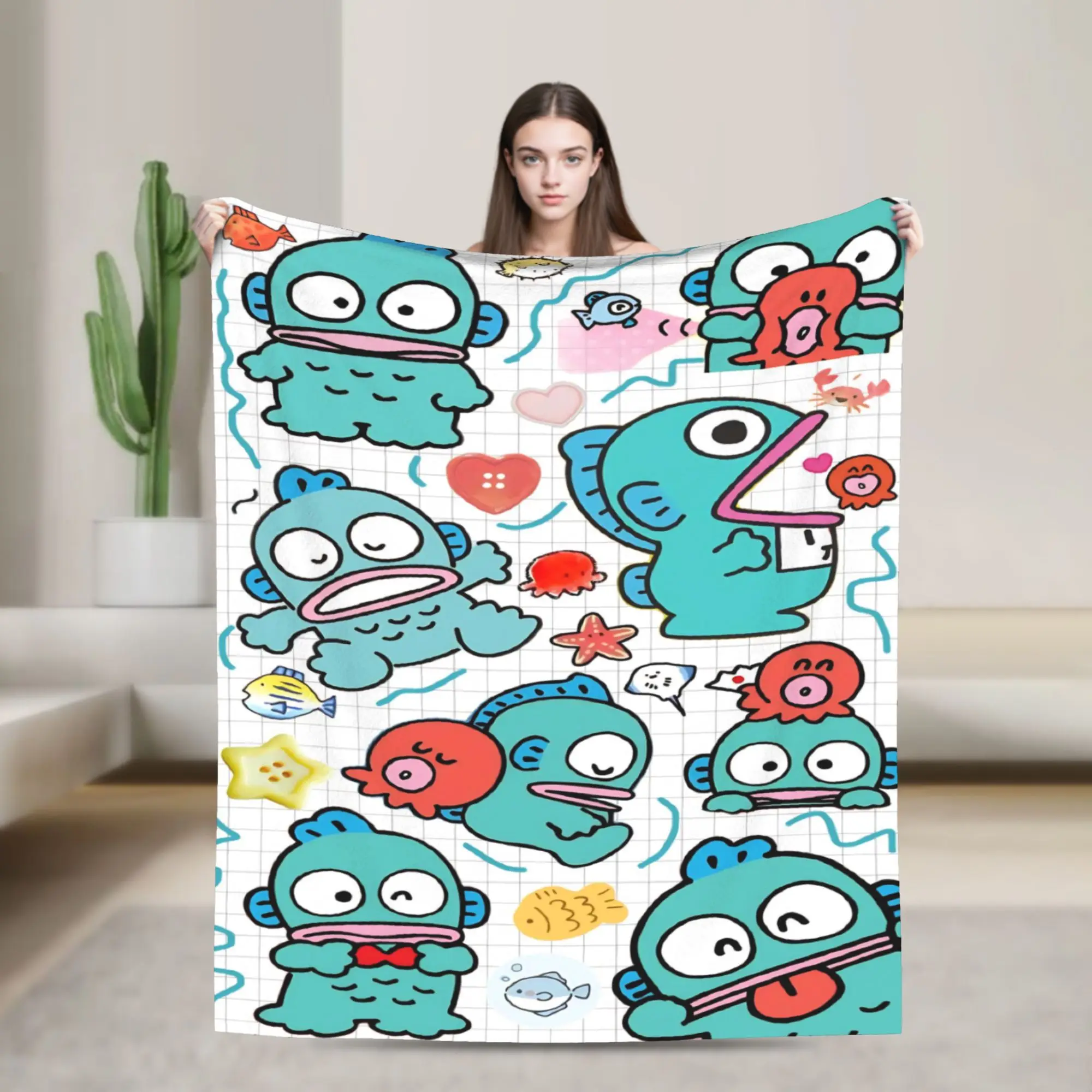 

Теплое одеяло для путешествий Hangyodon, японское одеяло с персонажем мультфильма, фланелевое покрывало для спальни, чехол для дивана-кровати с принтом