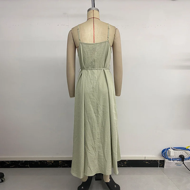 Benuynffy จีบด้านหน้า Belted Cami ชุดผู้หญิงฤดูร้อน 2025 วันหยุดแขนกุดหลวม Elegant Big Swig ชุดยาว