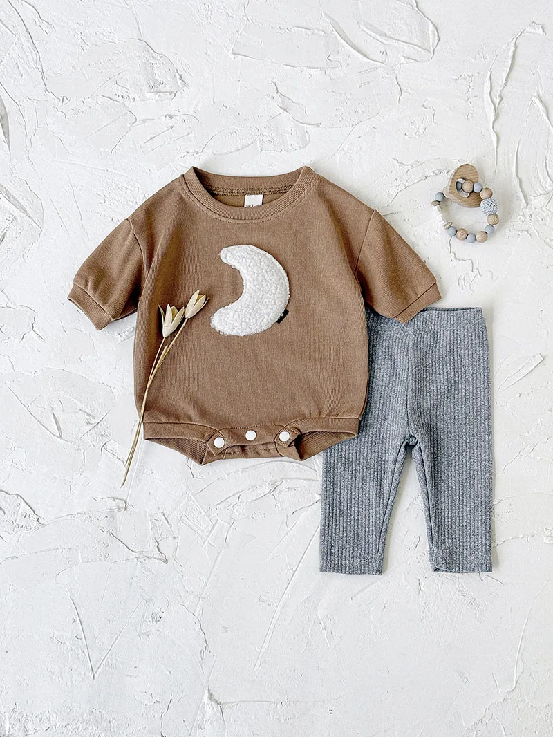 New Autumn Baby Clothes Set  Cute Loose Girls Moon Brown Bodysuit +Grey Leggings Korean Children Outfit 2PCS  0-12M