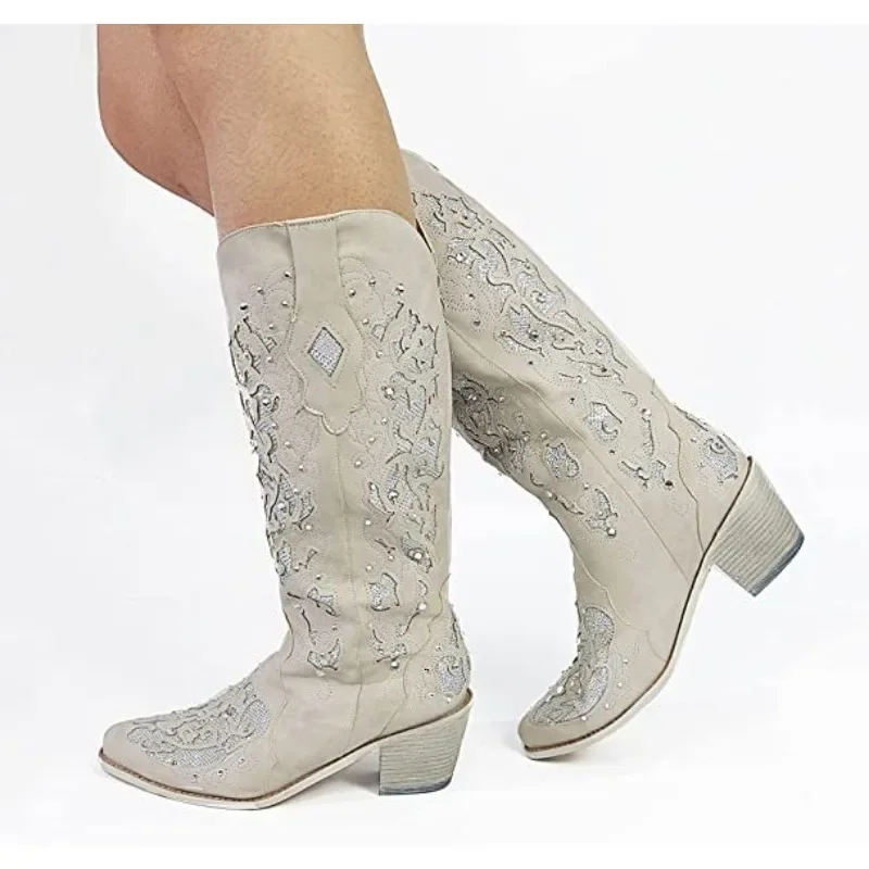 Spring Autumn Women Boots Knee-High Rhinestone PU 3CM Square Heels Fashion British Style Women Shoes Light Blue Modern Boots