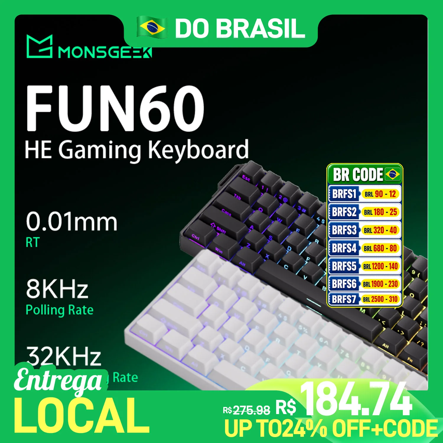 Teclado Magnético com Fio MonsGeek FUN60 PRO HE 60% para Jogos Esportivos - Edição Brasil