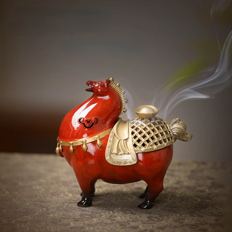 Creative Alloy Fat Horse Incense Burner Household Incense Burner Home Decorative Tea Ceremony Desktop Ornaments Gift Box Set