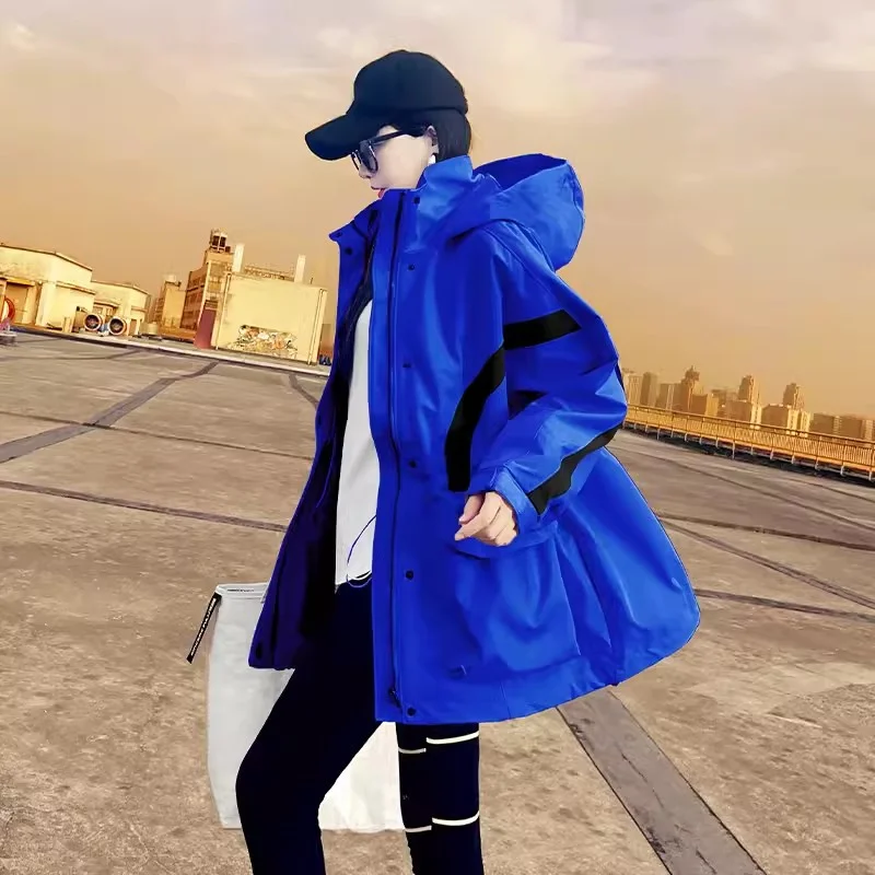 Spring Autumn klein blue Coat Women Medium long 2024 New Student Workwear Windbreaker Female Color blocked Casual Hooded Coats