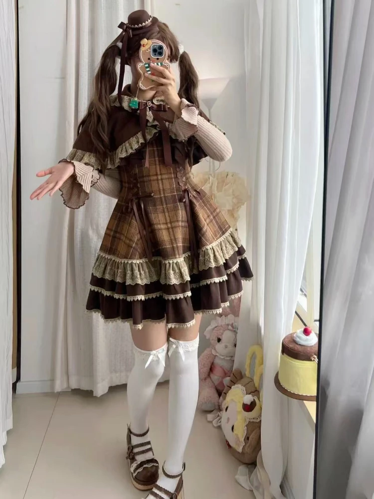 

Winter Japanese Sweet Kawaii Women's Suits Lolita 3 Pieces Set Long-sleeved Bow Cape + Plaid Tops + Puffy Skirt Woman Clothing