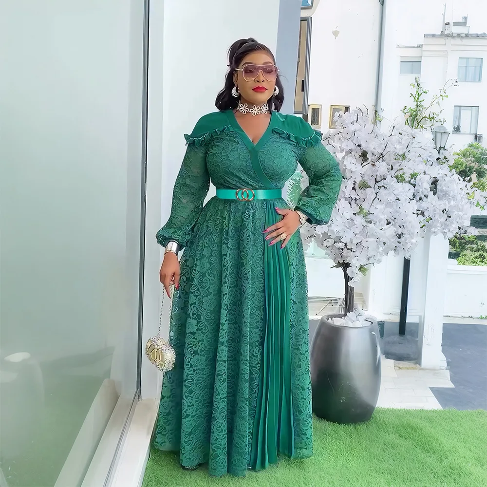 

African Dresses for Women 2025 Elegant Summer Fashion Africa Clothing Plus Size Muslim Lace Evening Party Wedding Long Dress
