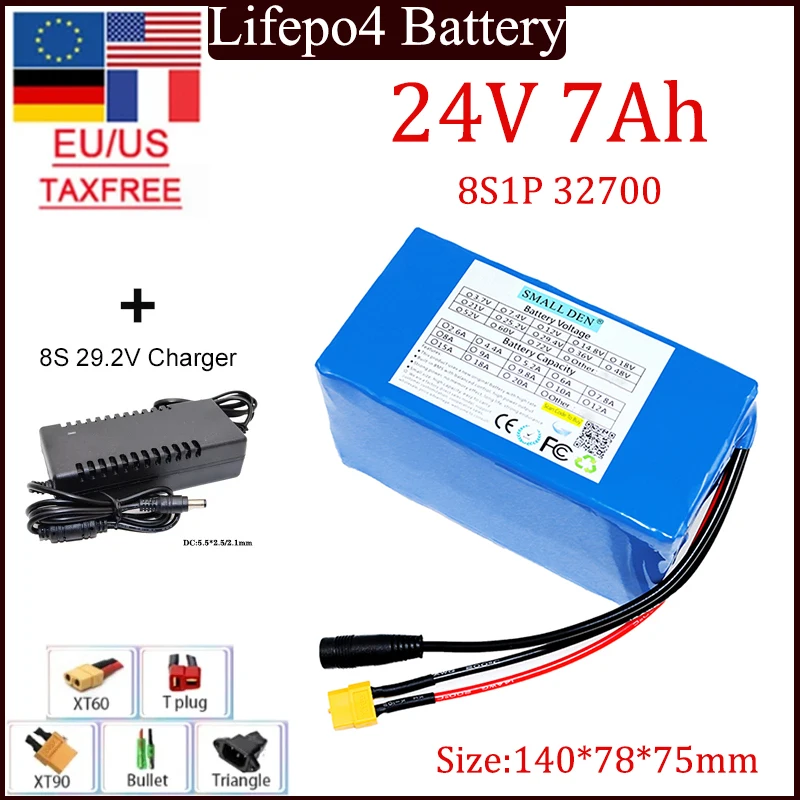 

8S1P 32700 24V 7AH LiFePO4 Battery Pack with BMS for Scooter Wheelchair Lawnmower Solar Battery + Charger