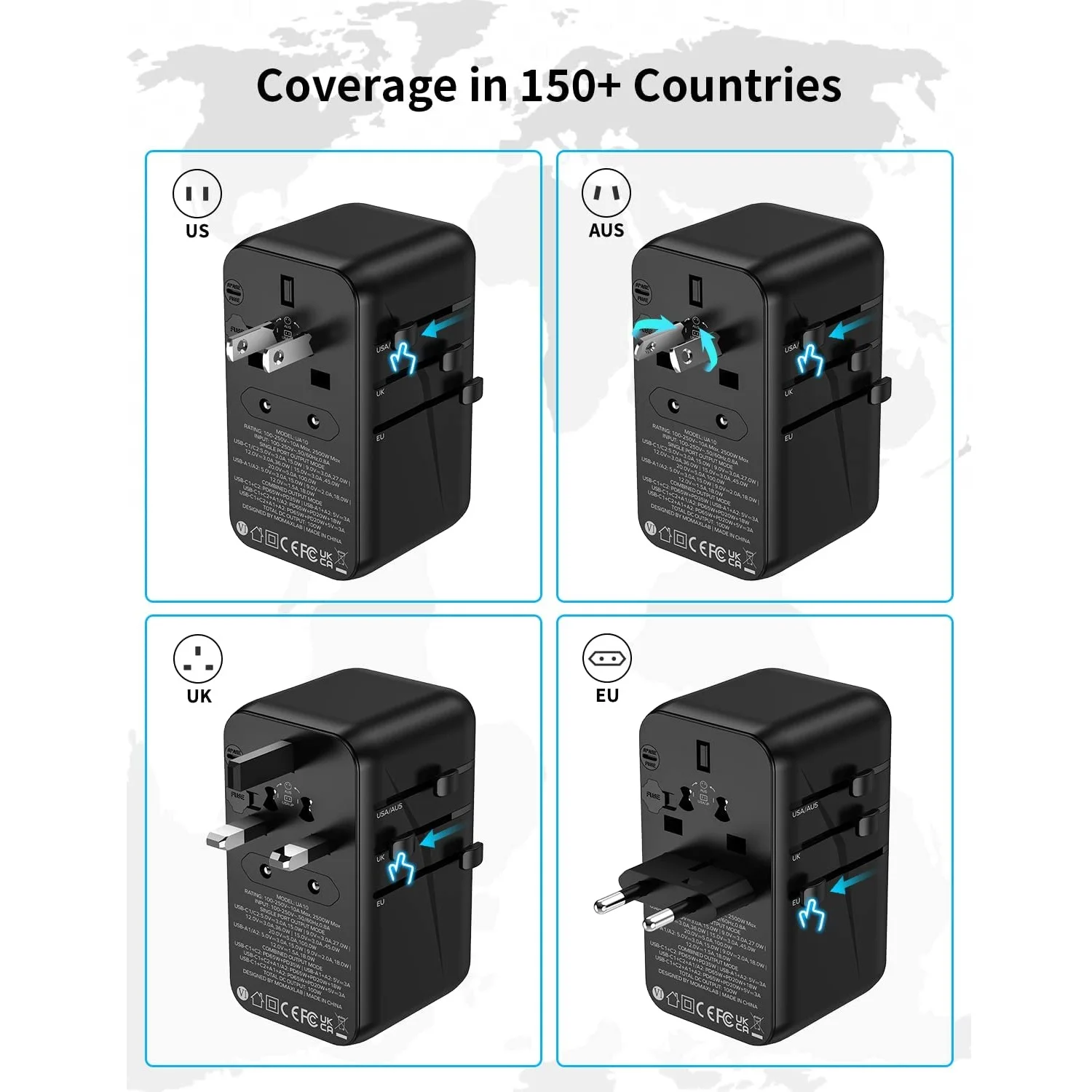 MOMAX Universal Power Adapter 100W Fast GaN International 2USB-C Travel Plug Adapter US UK EU AU Charger for Laptops Tablets