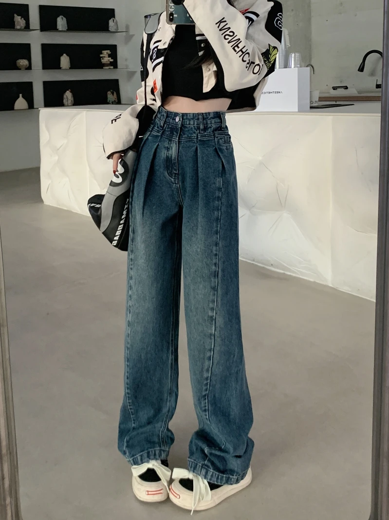 하이웨이스트 와이드 레그 데님 진 여성용 루즈 슬림 스트레이트 레그 팬츠 플로어 렝스 바지 가을 패션 플러스 사이즈