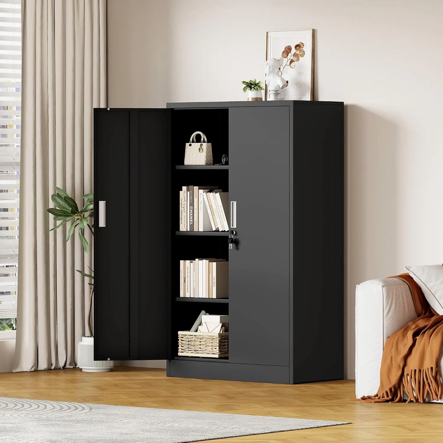 Metal Storage Cabinet with Locking Doors and 3 Adjustable Shelves, Lockable Storage Cabinets for Home Office Garage Kitchen