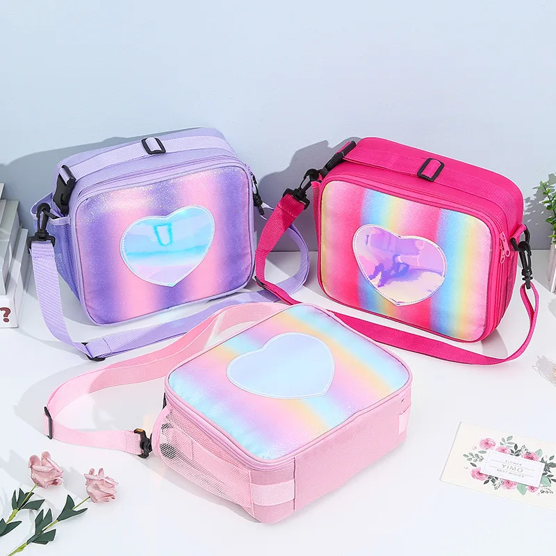 Borse Bento per il pranzo dei bambini color arcobaleno Love Borsa a tracolla quadrata per ragazze portatile carina dei cartoni animati Borse semplici e casual per bambini