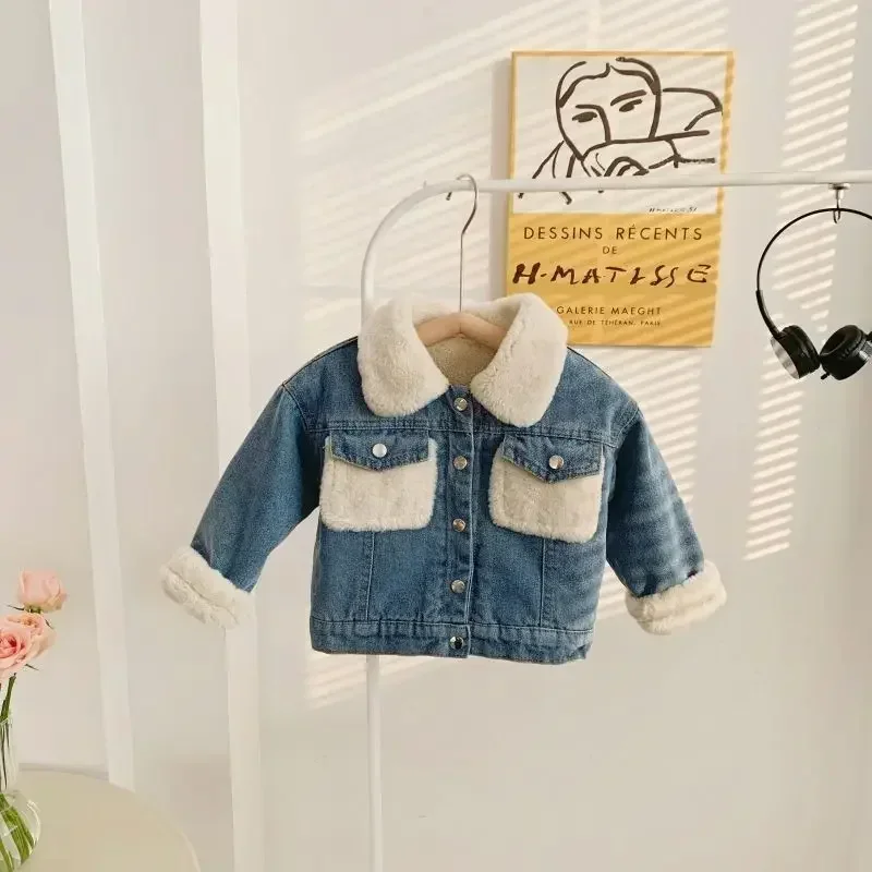 Children coats fleece thickened denim jacket new style 2023 winter new girls Korean warm denim clothes boys baby fashion