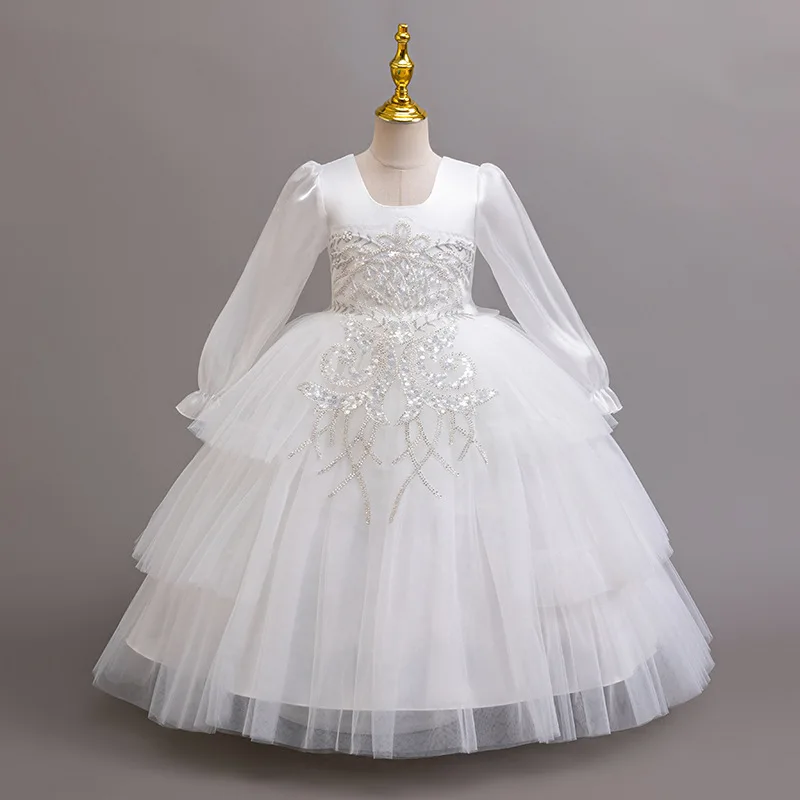 Children's long sleeved dress princess dress party performance multi-layer cake performance dress