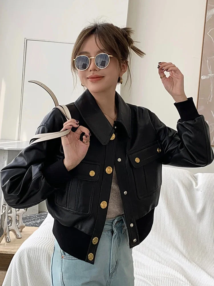 Leather Genuine Bomber Jacket Women Autumn Winter 2024 Trend High Waist Slim Short Motorcycle Real Sheepskin Coat