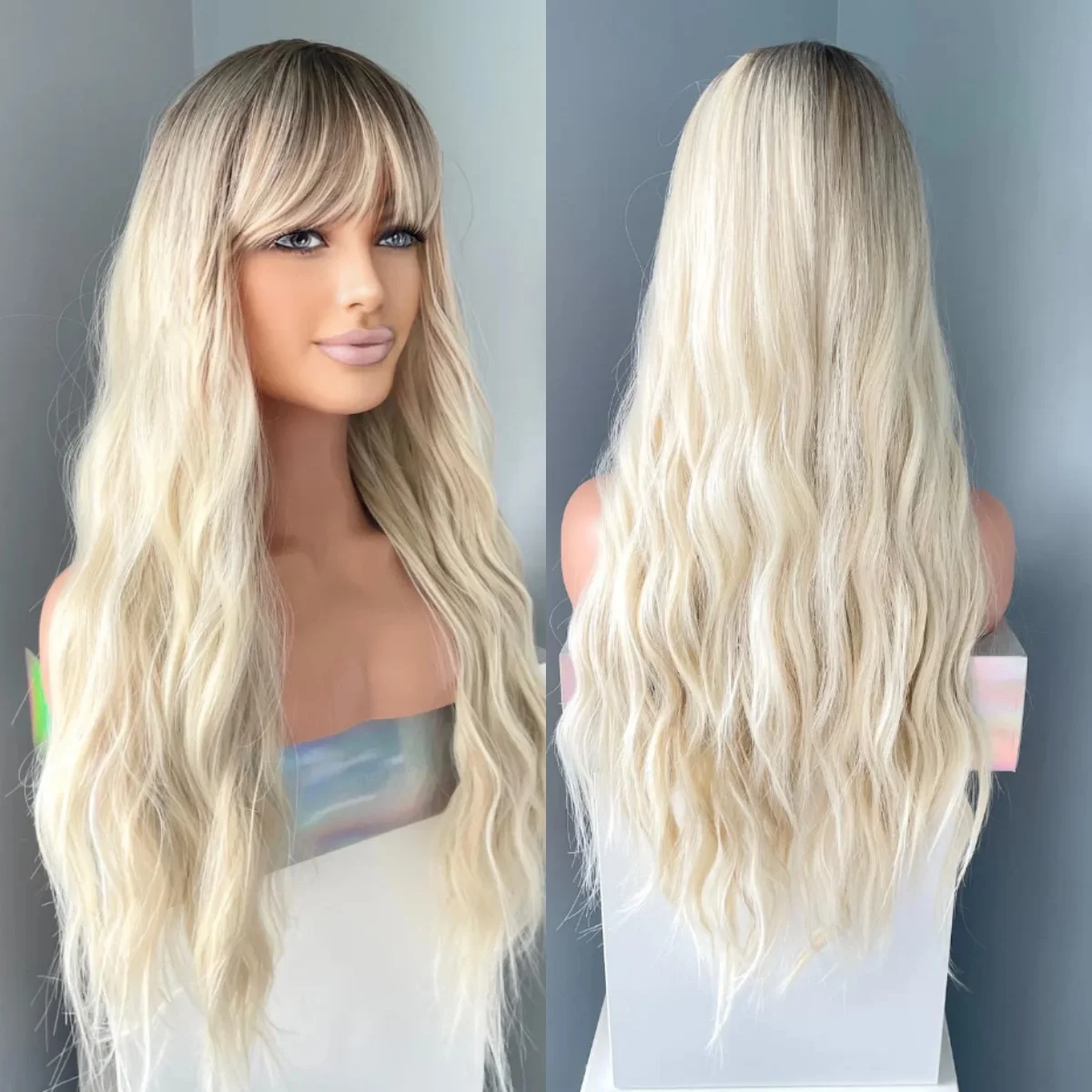 

Длинный объемный волнистый синтетический парик спереди с челкой Белый блондин с темными корнями Мягкий парик без узлов для женщин Ежедневное использование на вечеринке