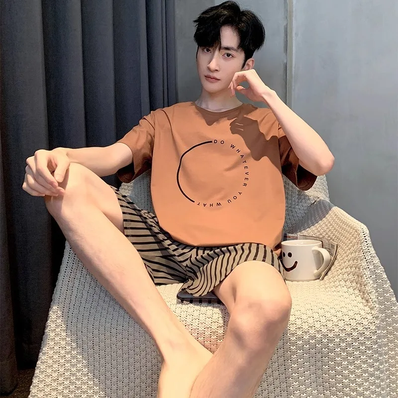 Men’s Pajamas Summer Short Sleeve Thin Loose Comfortable Casual Loungewear Set 2 Piece Set Casual Simple Sleepwear Homewear