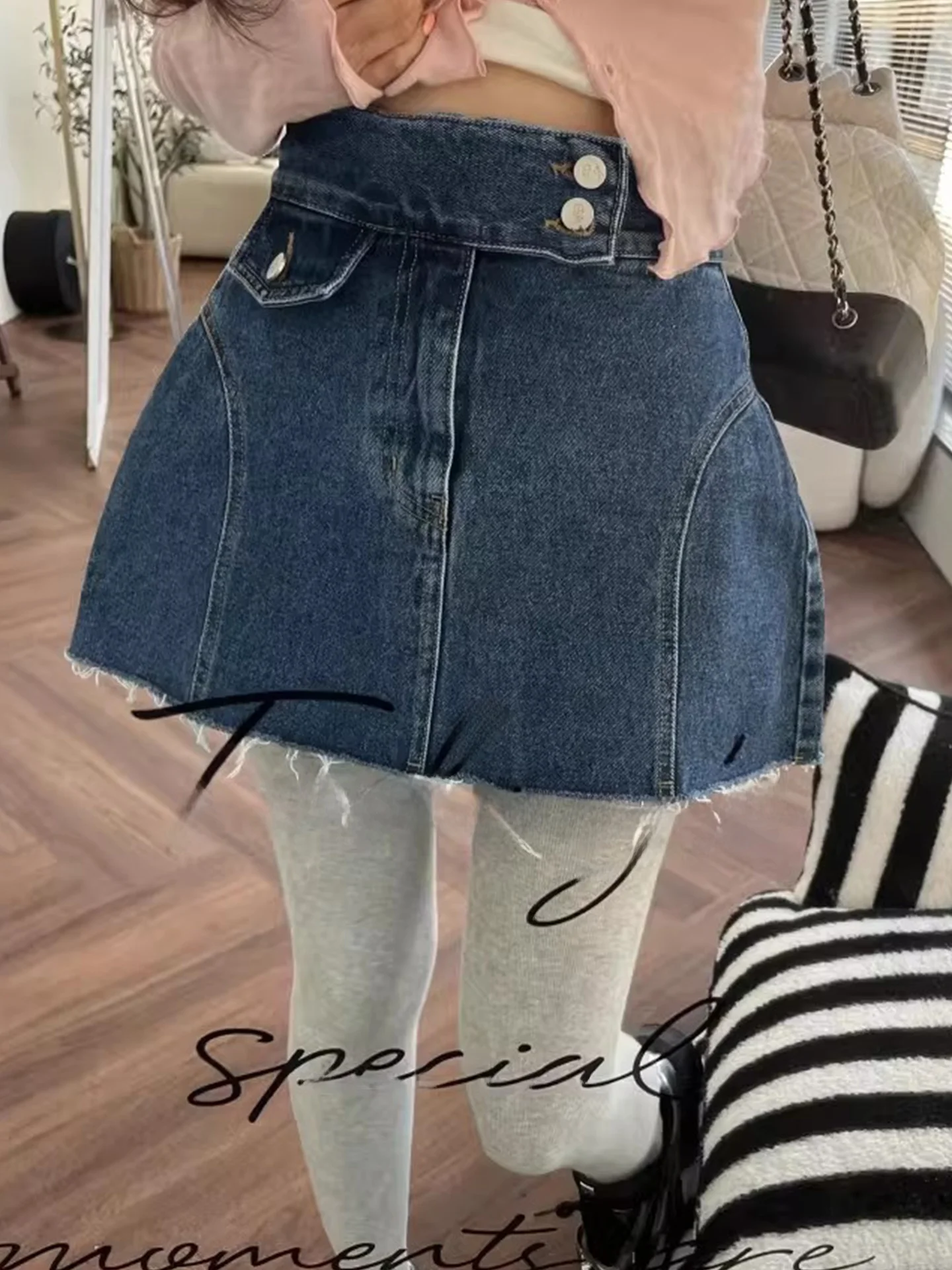 

Ретро-юбка А-силуэта с высокой талией, поясом и двумя пуговицами, джинсовая, женская, весенняя новинка, модная, из полиэфирного волокна