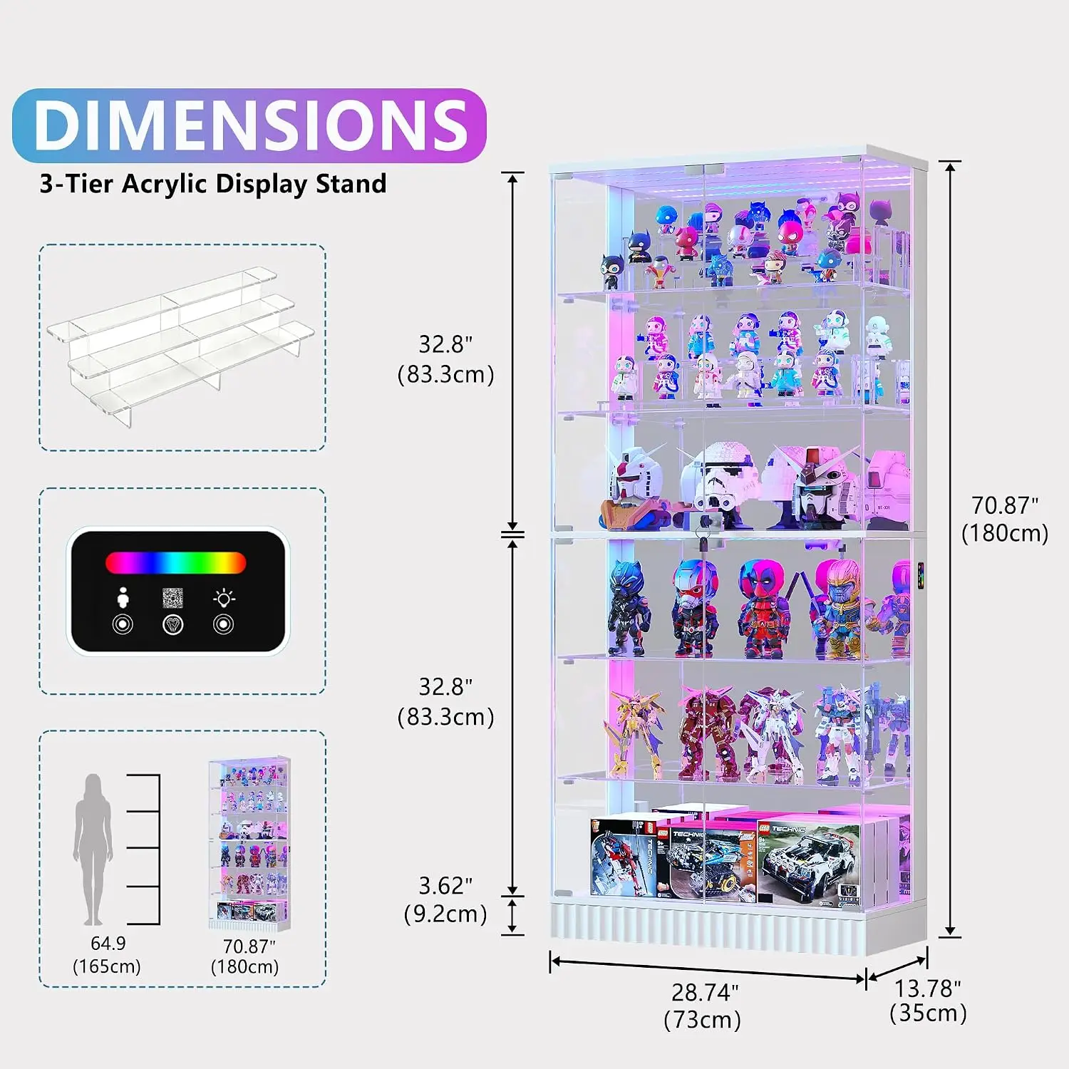 LED Glass Display Cabinet with RGB Light for Collectibles, White | Lockable Curio Cabinet with 3-Tier Acrylic Shelf, Glass Door,