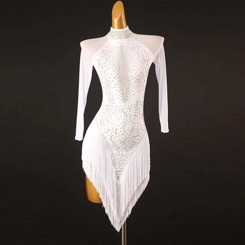 2023 New Latin Dance Dress For Women White Rhinestones Tassel Dress Female Adult Chacha Latin Dance Competition Clothes DQL8671