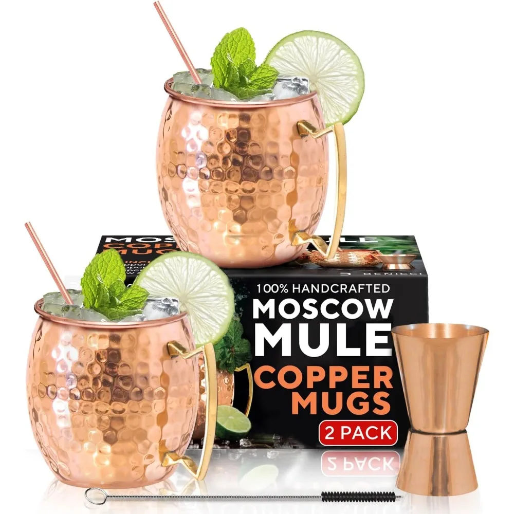 

Moscow Mule Copper Mugs - Набор из 2 штук, 100% ПРОВЕРЕННЫЕ - Прочные для пищевых продуктов из чистой меди - Подарочный набор на 16 унций с премиальным качеством