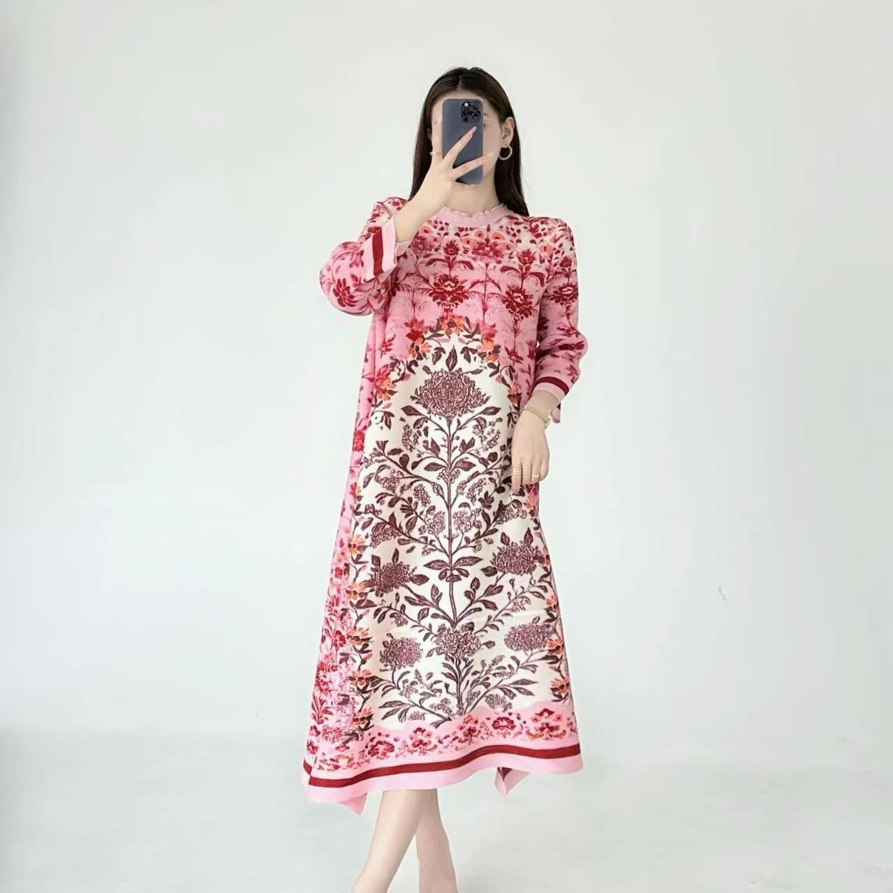 

Miyake Pleated Dresses Premium Botanical Floral Printed Vintage Elegant Peplum Loose Plus Size Women's Dresses Party Traveling