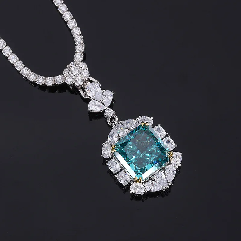 S925 Sterling Silver 13*13mm Square Mint Emerald Crystal Pendant Necklace Women's Accessories Paired Things Gift To Girlfriend