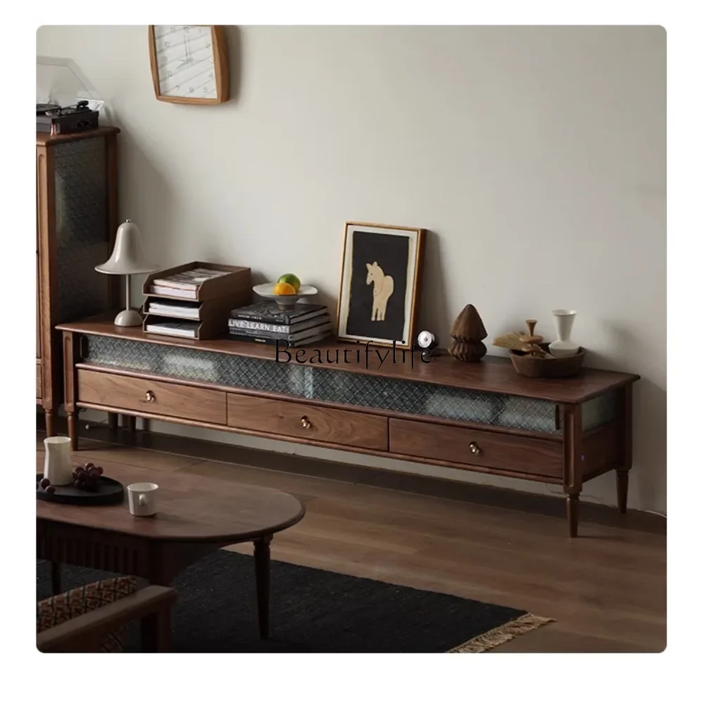 

FG11Retro French Solid Wood Black Walnut Wooden TV Cabinet Nordic and Japanese Style Assembled Cabinet