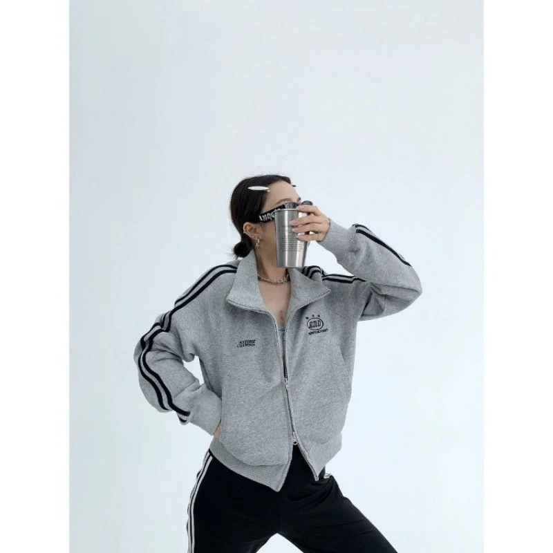 Stripe Cropped Jacket Women Y2k Zip Up Retro Track Outwear Korean Style Streetwear Gorpcore Stand Collar Jackets Female New