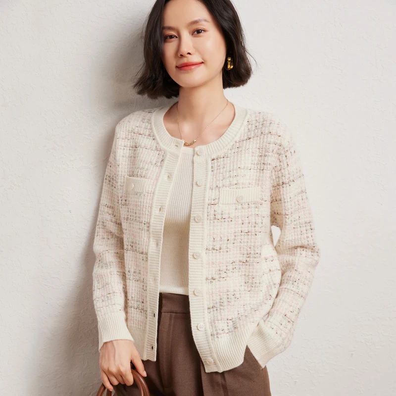 

Базовый кардиган из 100% мериносовой шерсти, свитер на осень и зиму с круглым вырезом, мягкий женский трикотаж с длинными рукавами, одежда, топы