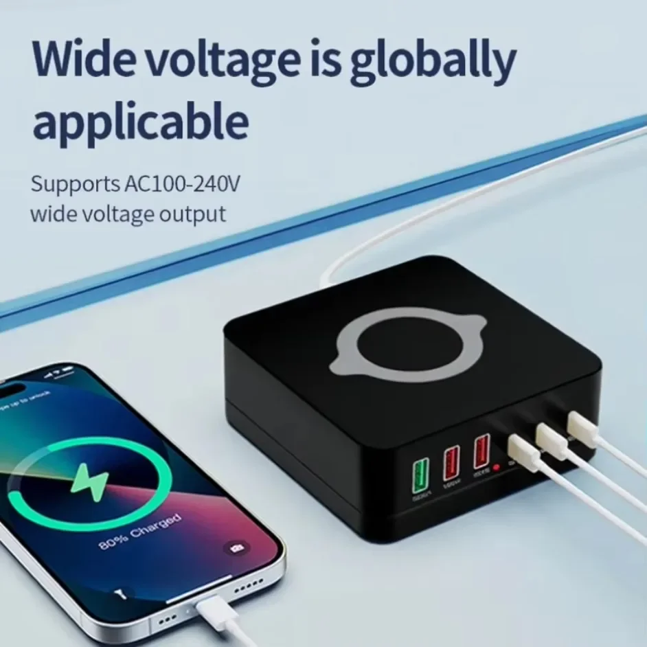 USB Charging Station 6-Port GaN Desktop Fast Charger 3 USB-C 3 USB-A PD QC3.0 15W Wireless Charging Pad for Travel